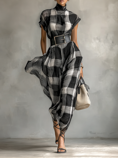 Maxi Dress – Elegant Check Chiffon with High Neck and Short Sleeves