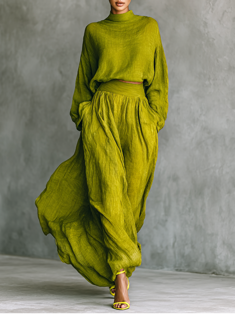 Women's Green Outfit – Elegant Cotton-Linen Blend Ensemble