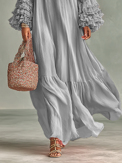 Maxi Dress – Elegant Pleated Chiffon with Long Sleeves and Ruffles