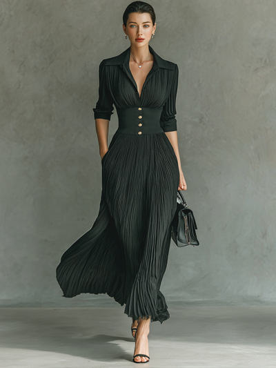 Long Maxi Dress – Elegant Notched Collar Dress with Pleats and Long Sleeves