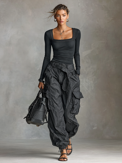 Two-Piece Set – Elegant Long Sleeve T-Shirt with Square Neck and Luxe Multi-Pocket Cargo Pants