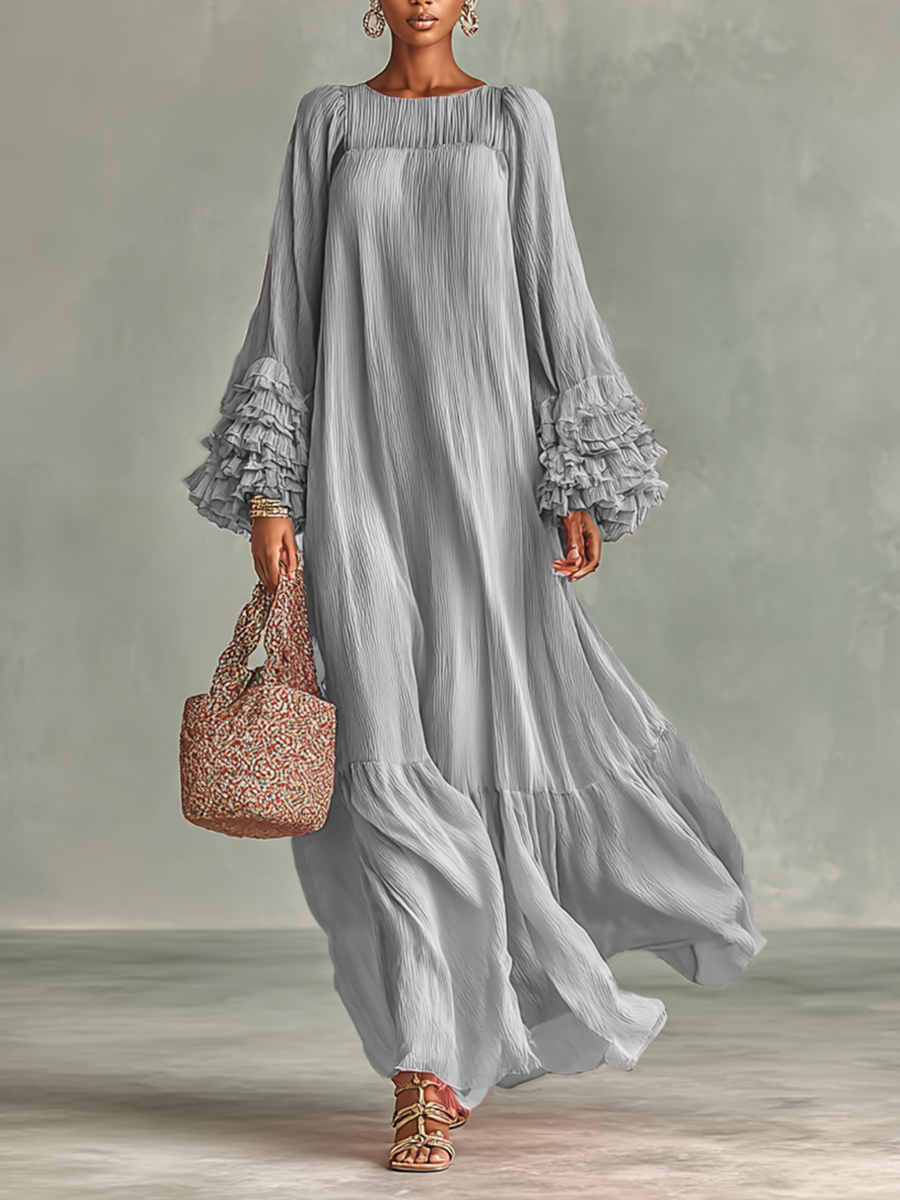 Maxi Dress – Elegant Pleated Chiffon with Long Sleeves and Ruffles