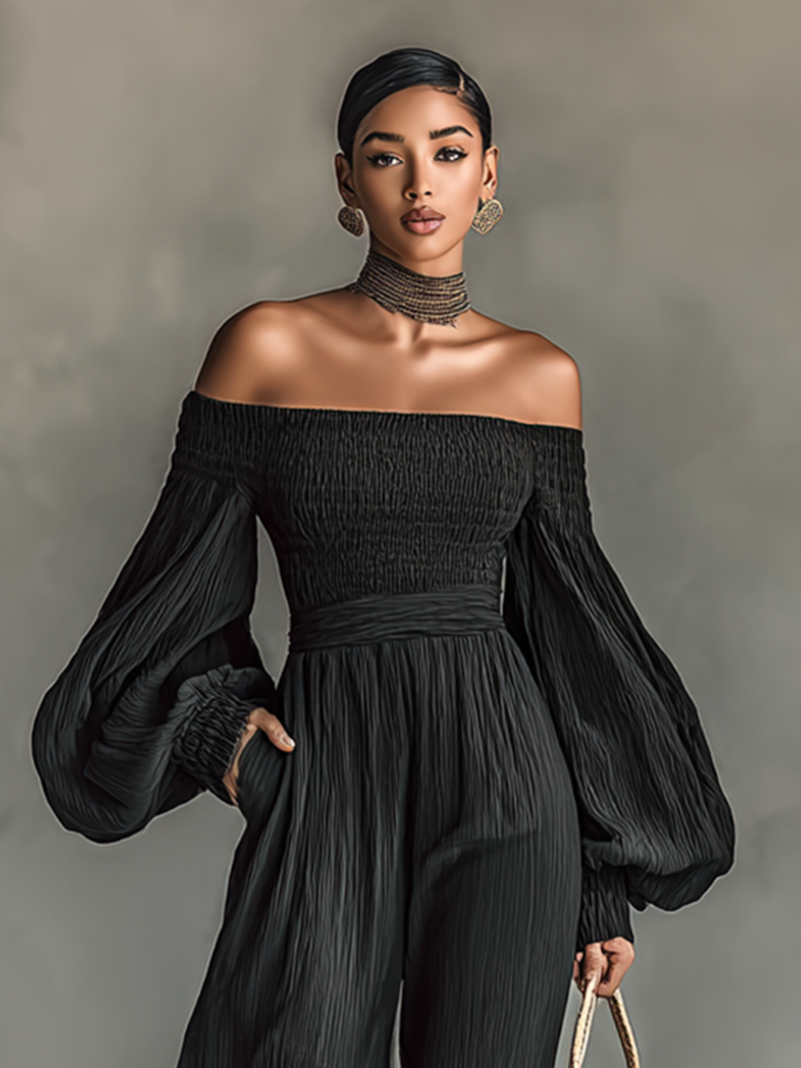 Women's Pleated Fabric Jumpsuit – Elegant Off-the-Shoulder Design with Long Sleeves