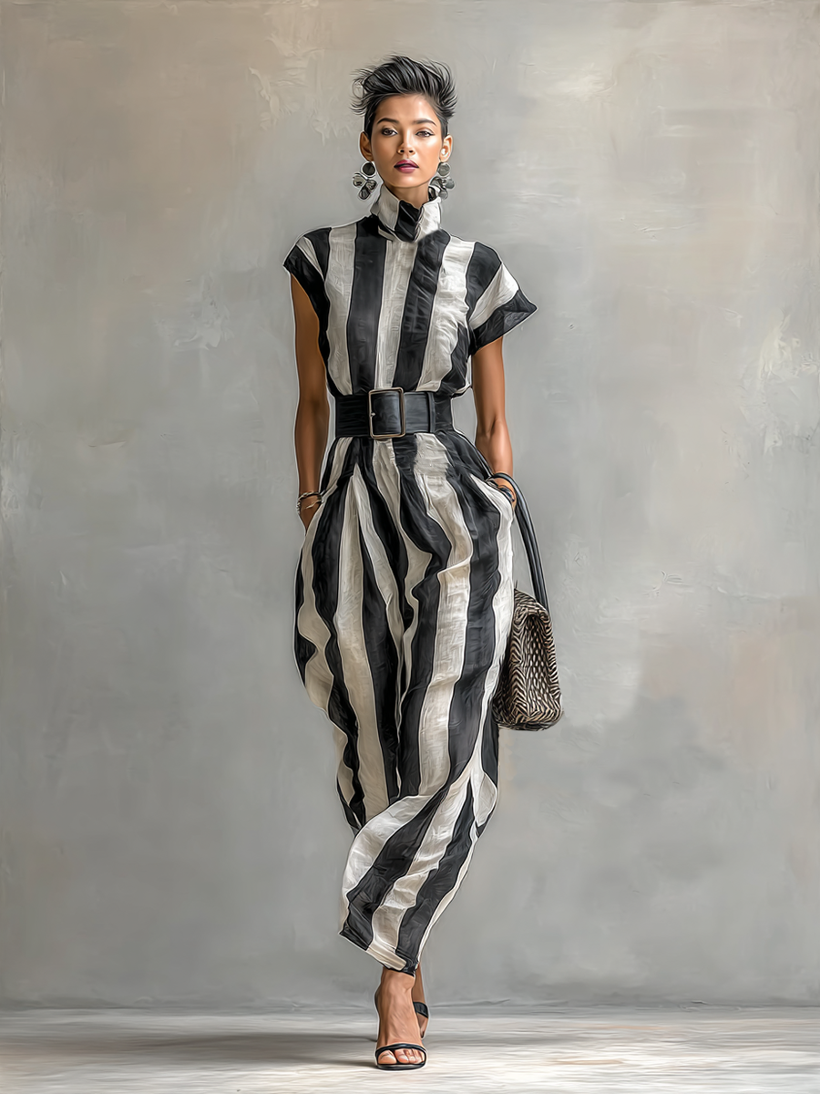 Maxi Chiffon Dress – Elegant High Neck and Short Sleeves