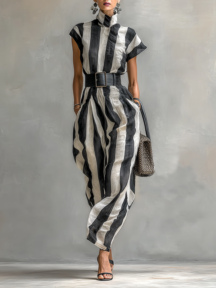 Maxi Chiffon Dress – Elegant High Neck and Short Sleeves