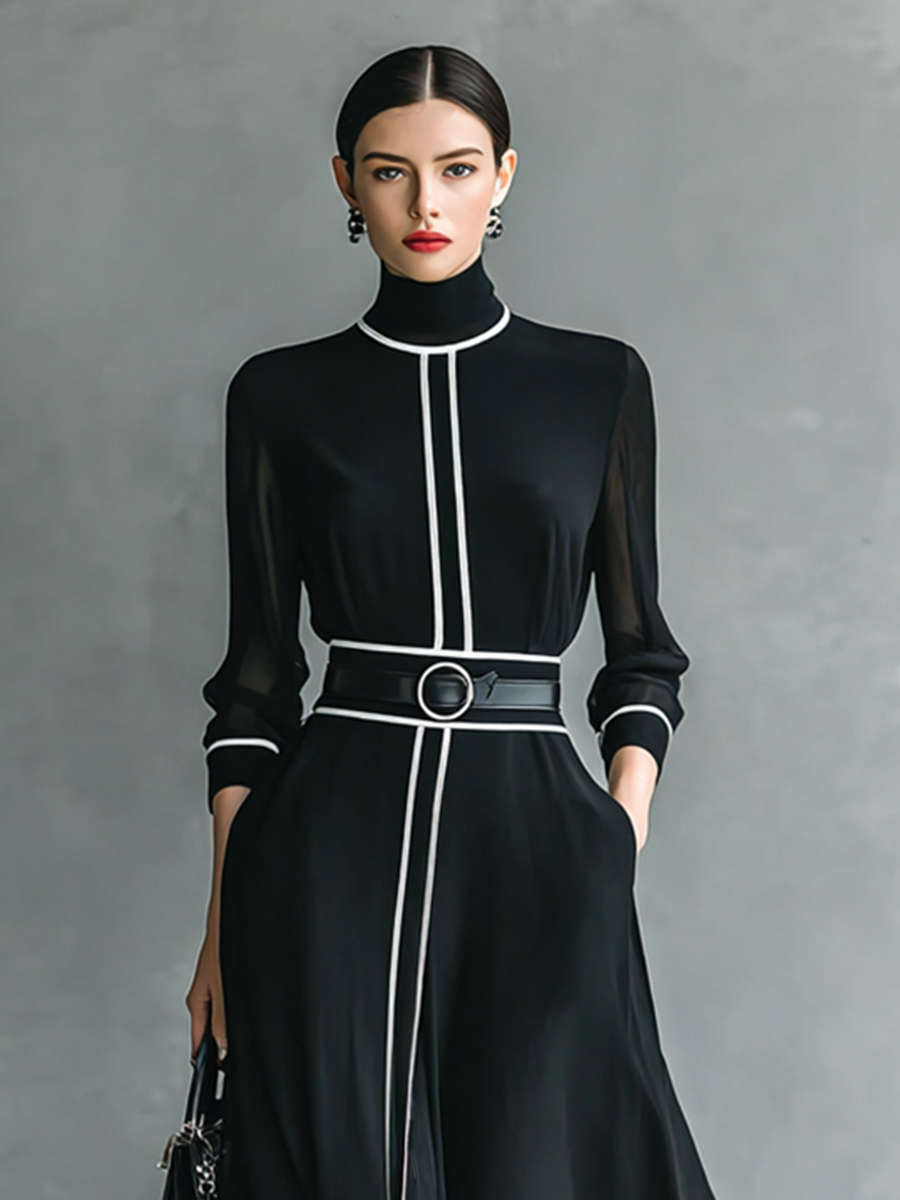 Maxi Chiffon Dress – Elegant High Neck and Long Sleeve Gown with White Trim