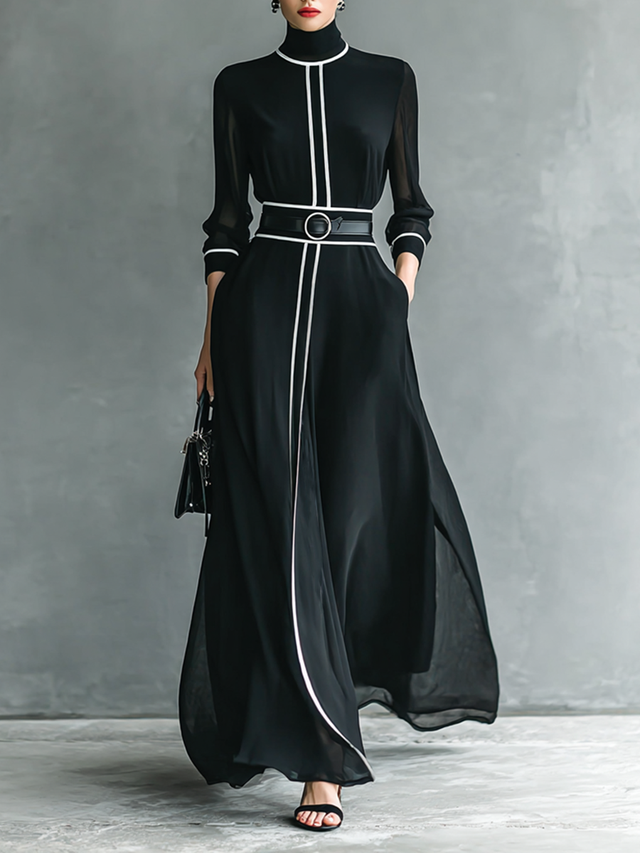 Maxi Chiffon Dress – Elegant High Neck and Long Sleeve Gown with White Trim