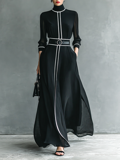Maxi Chiffon Dress – Elegant High Neck and Long Sleeve Gown with White Trim
