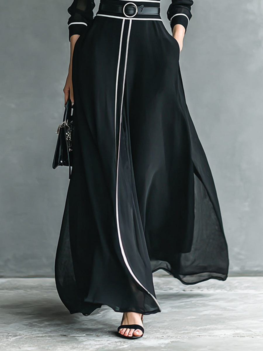 Maxi Chiffon Dress – Elegant High Neck and Long Sleeve Gown with White Trim