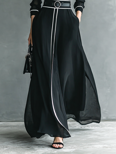 Maxi Chiffon Dress – Elegant High Neck and Long Sleeve Gown with White Trim