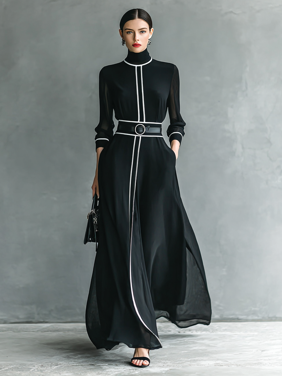 Maxi Chiffon Dress – Elegant High Neck and Long Sleeve Gown with White Trim