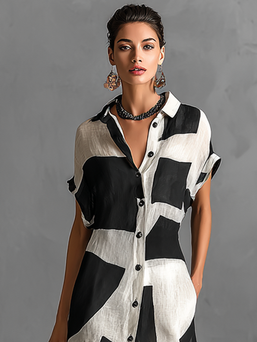 Maxi Shirt Dress – Elegant Irregular Geometric Print Chiffon Dress with Notched Collar and Short Sleeves