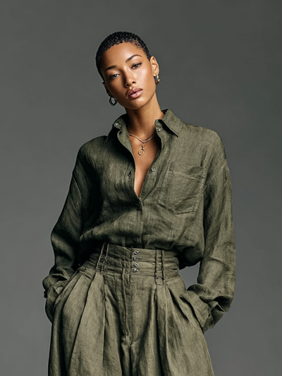 Two-Piece Women's Cotton and Linen Set – Elegant Long Sleeve Shirt and Wide Leg Trousers