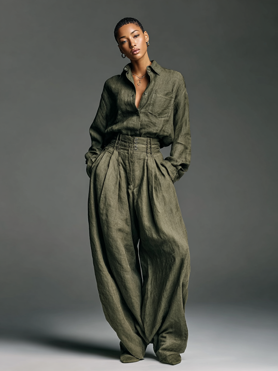 Two-Piece Women's Cotton and Linen Set – Elegant Long Sleeve Shirt and Wide Leg Trousers