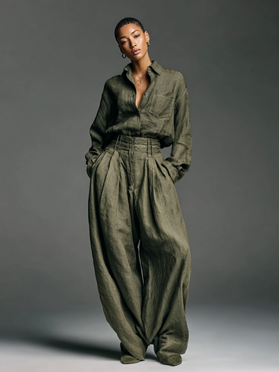Two-Piece Women's Cotton and Linen Set – Elegant Long Sleeve Shirt and Wide Leg Trousers