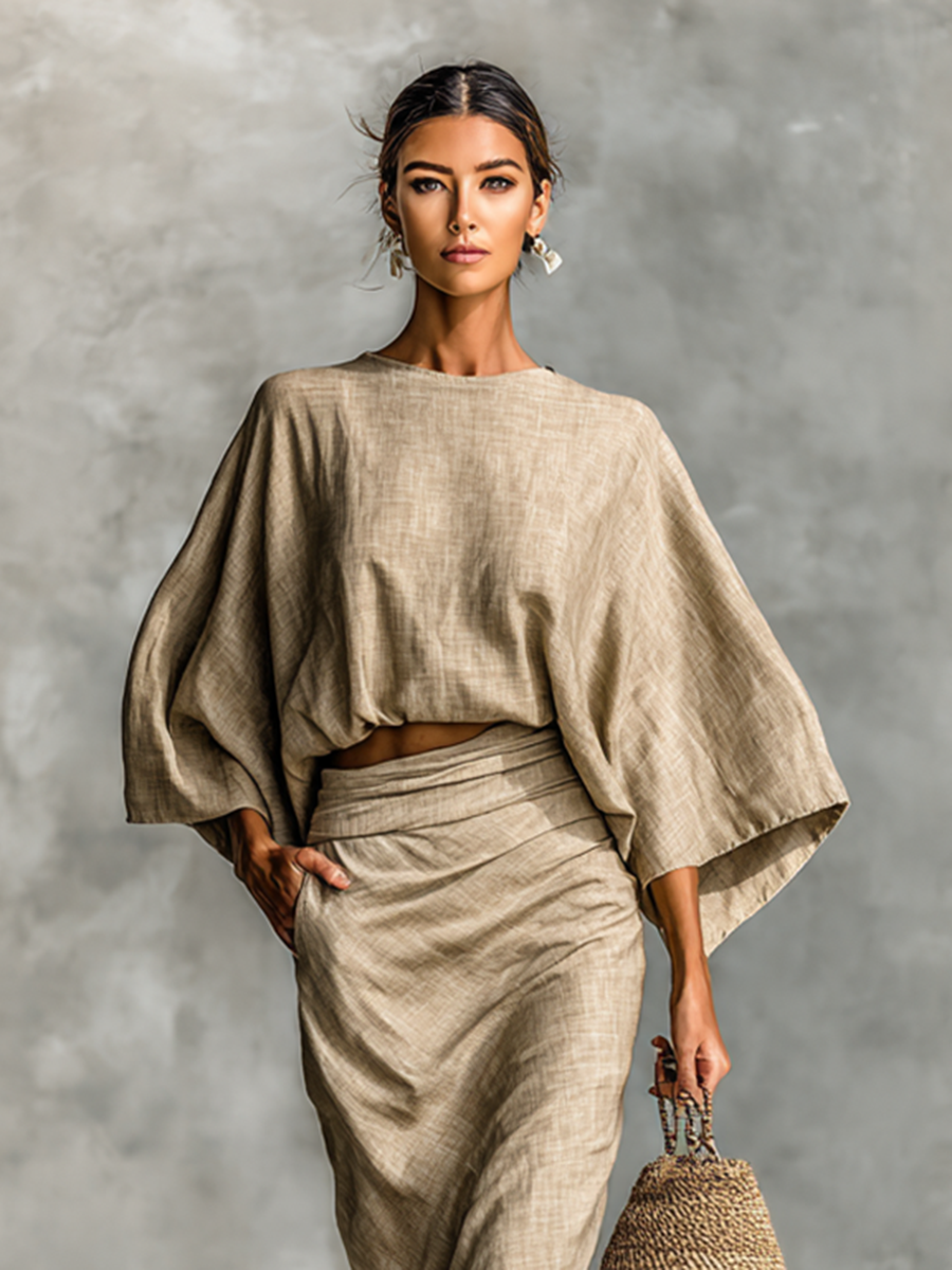 Two-Piece Set – Elegant Long Skirt with Batwing Sleeves in Cotton and Linen