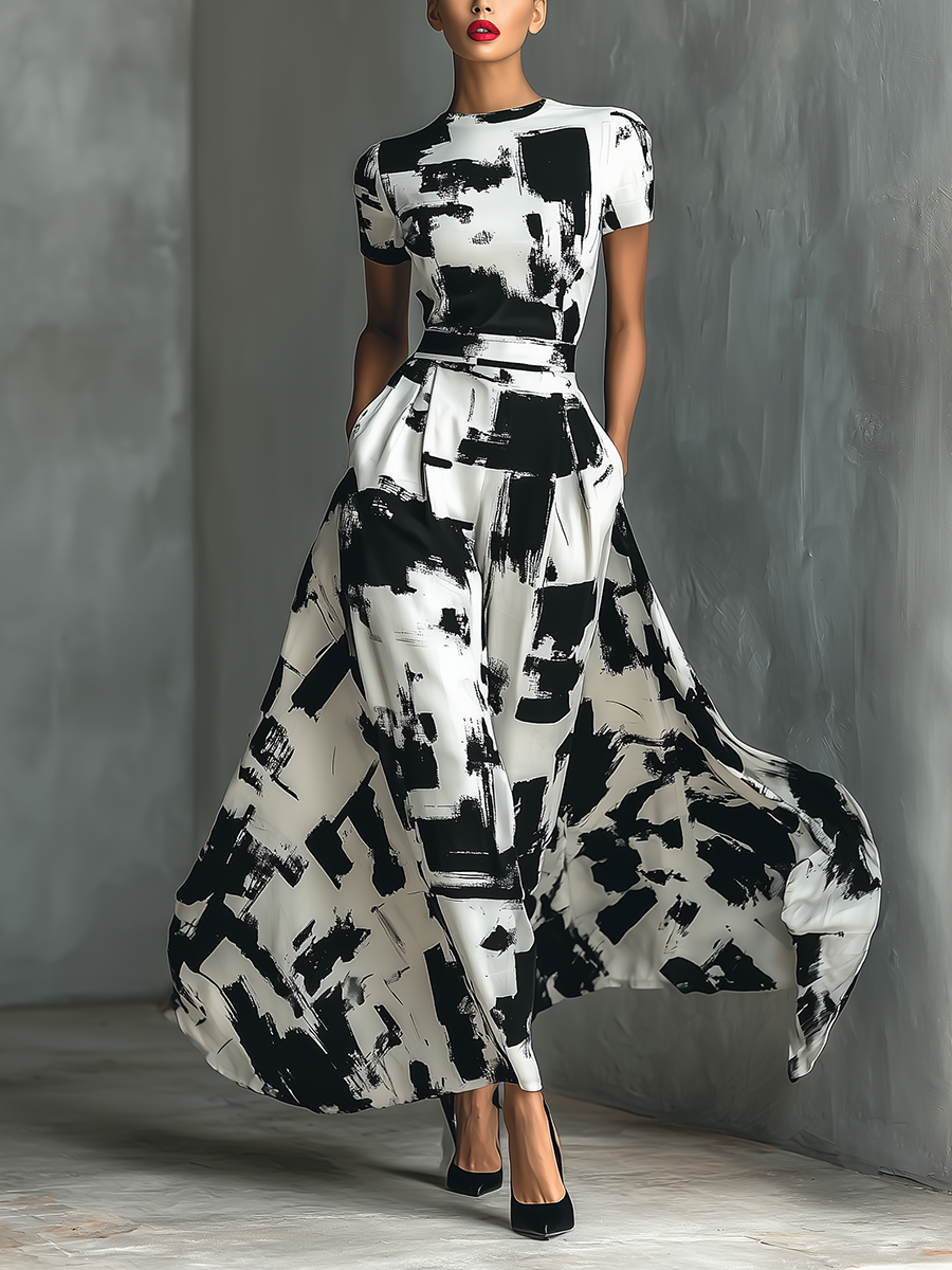 Short Sleeve Maxi Dress – Elegant Abstract Print Dress