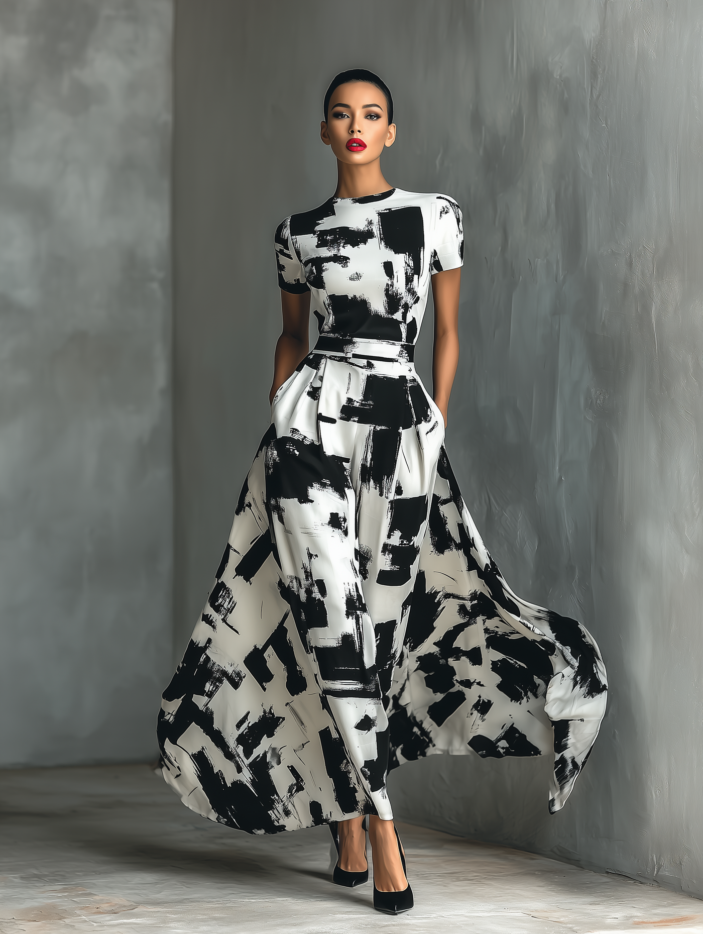 Short Sleeve Maxi Dress – Elegant Abstract Print Dress