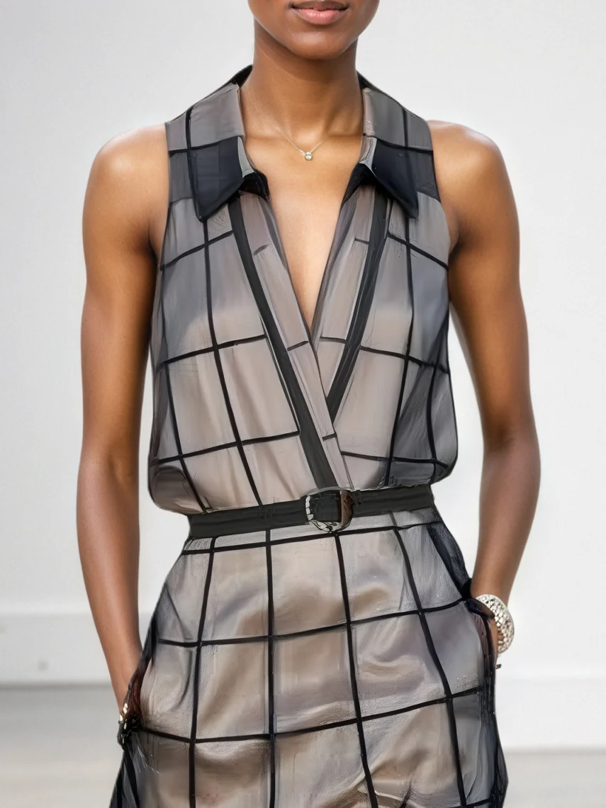 Maxi Sleeveless Dress – Elegant Check Tulle Dress with Collar and Belt