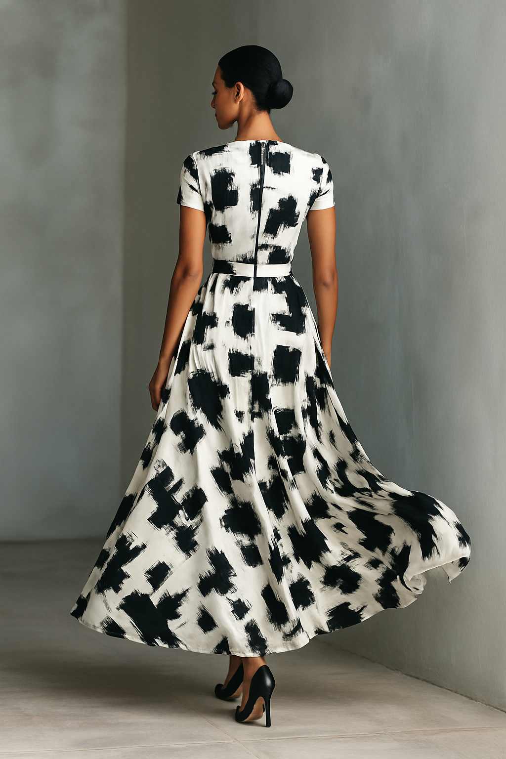 Short Sleeve Maxi Dress – Elegant Abstract Print Dress