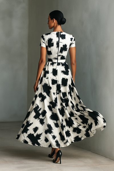 Short Sleeve Maxi Dress – Elegant Abstract Print Dress