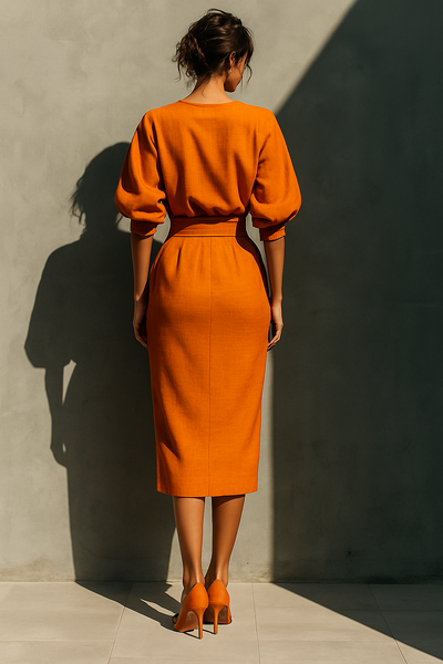 Vibrant Midi Skirt – Elegant Orange Cotton-Linen Blend
