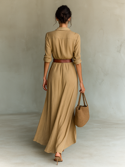 Long Maxi Dress – Elegant Notched Collar Dress with Included Belt