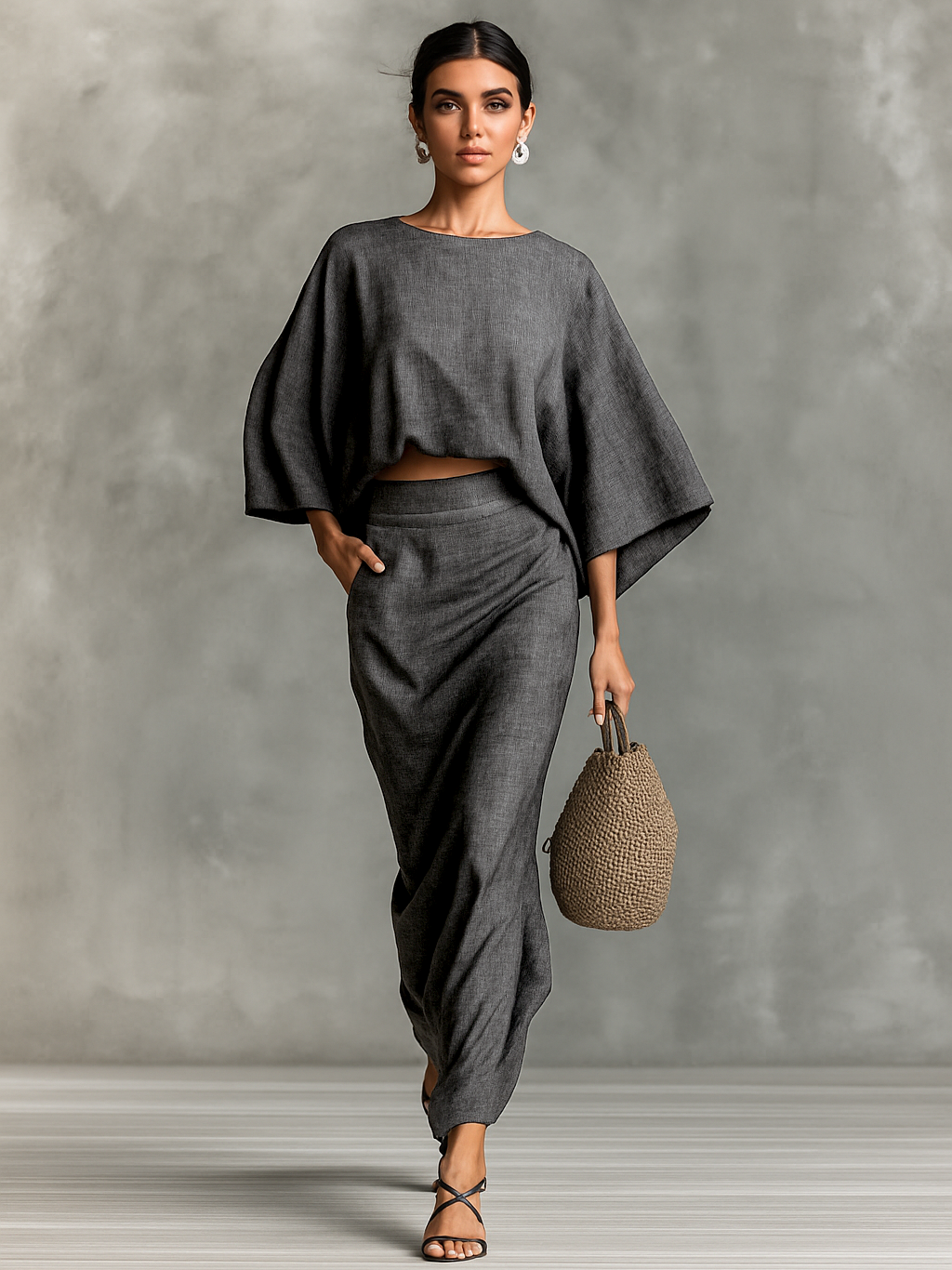 Two-Piece Set – Elegant Long Skirt with Batwing Sleeves in Cotton and Linen