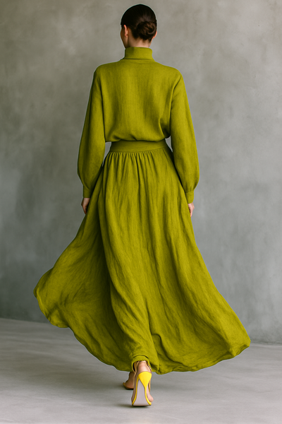 Women's Green Outfit – Elegant Cotton-Linen Blend Ensemble
