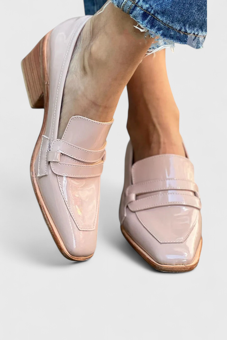 Sasha – Elegant Pink Patent Leather Loafer with Square Toe and High Heel