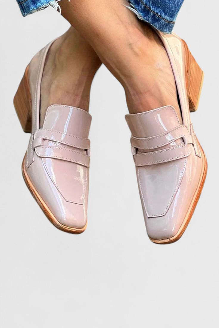 Sasha – Elegant Pink Patent Leather Loafer with Square Toe and High Heel